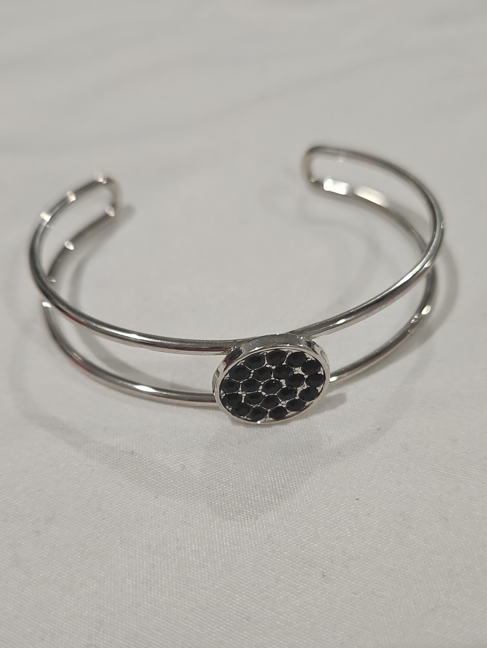 Silver-Tone Open Cuff Bracelet with Black Honeycomb Accent